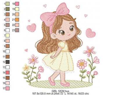 Young Girl with dress embroidery designs - Baby girl long hair and bow machine embroidery pattern - Garden Flower Heart - Instant download
