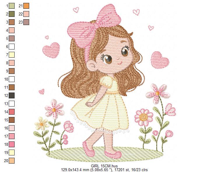 Young Girl with dress embroidery designs - Baby girl long hair and bow machine embroidery pattern - Garden Flower Heart - Instant download