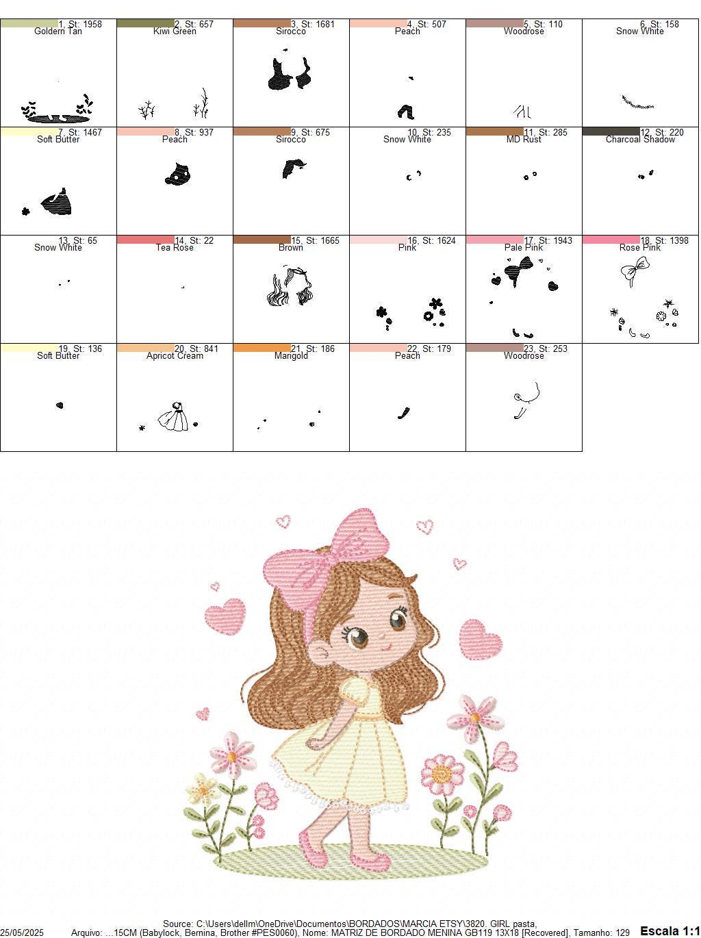 Young Girl with dress embroidery designs - Baby girl long hair and bow machine embroidery pattern - Garden Flower Heart - Instant download