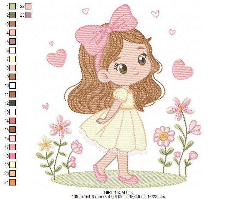 Young Girl with dress embroidery designs - Baby girl long hair and bow machine embroidery pattern - Garden Flower Heart - Instant download