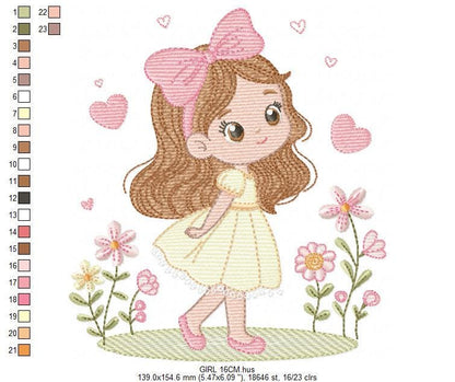 Young Girl with dress embroidery designs - Baby girl long hair and bow machine embroidery pattern - Garden Flower Heart - Instant download