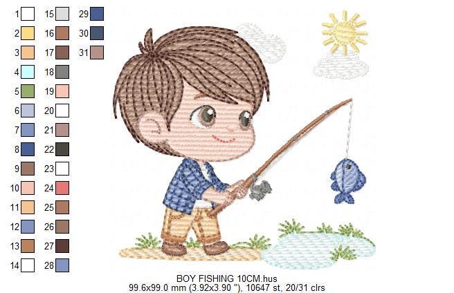 Baby boy fishing embroidery design - Fisherman boy machine embroidery pattern - Children toddler playing sun grass file - Instant download
