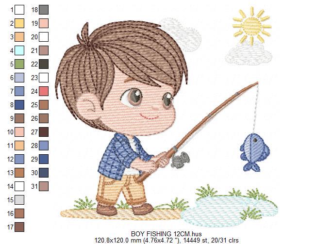 Baby boy fishing embroidery design - Fisherman boy machine embroidery pattern - Children toddler playing sun grass file
