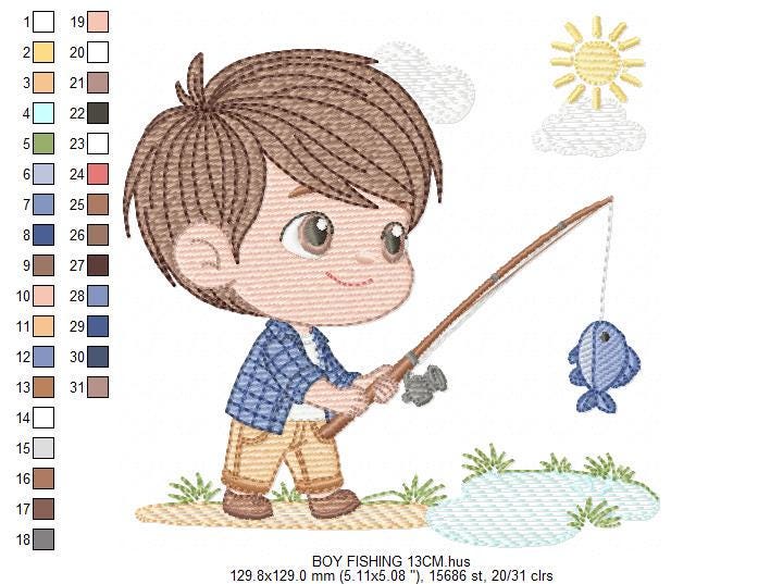 Baby boy fishing embroidery design - Fisherman boy machine embroidery pattern - Children toddler playing sun grass file - Instant download