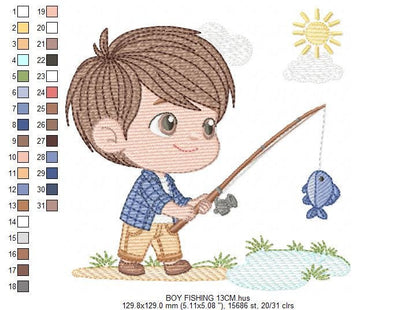Baby boy fishing embroidery design - Fisherman boy machine embroidery pattern - Children toddler playing sun grass file - Instant download