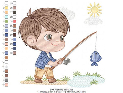 Baby boy fishing embroidery design - Fisherman boy machine embroidery pattern - Children toddler playing sun grass file - Instant download