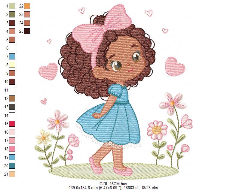 Baby Girl with Black Curly Long Hair embroidery designs - Girl with lace and flowers machine embroidery pattern - Instant download pes jef