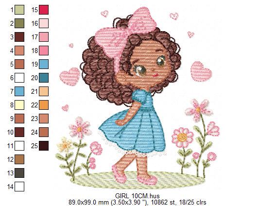 Baby Girl with Black Curly Long Hair embroidery designs - Girl with lace and flowers machine embroidery pattern - Instant download pes jef