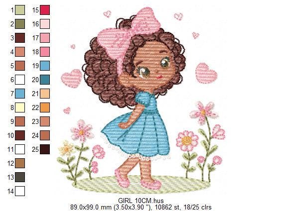 Baby Girl with Black Curly Long Hair embroidery designs - Girl with lace and flowers machine embroidery pattern - Instant download pes jef