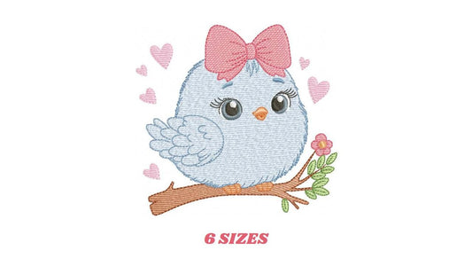 Bird embroidery designs - Baby Girl Bird with bow lace machine embroidery pattern - Spring Garden Nature file - Instant download jef pes hus
