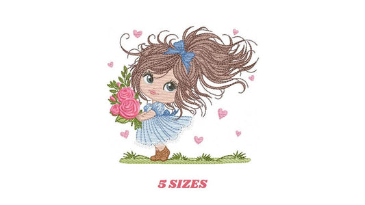 Girl with roses embroidery designs - Baby girl with long hair machine embroidery pattern - Toddler file - Instant digital download pes jef