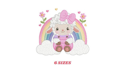 Sheep with rainbow embroidery design - Rainbow with flowers machine embroidery pattern - Baby girl newborn file - Instant download pes jef
