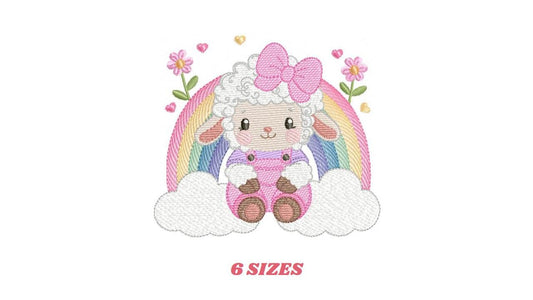 Sheep with rainbow embroidery design - Rainbow with flowers machine embroidery pattern - Baby girl newborn file - Instant download pes jef