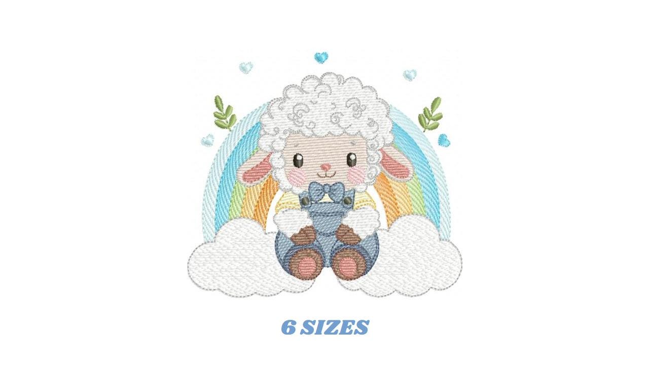 Sheep with rainbow embroidery design - Rainbow with flowers machine embroidery pattern - Newborn Baby boy file - Instant download pes jef