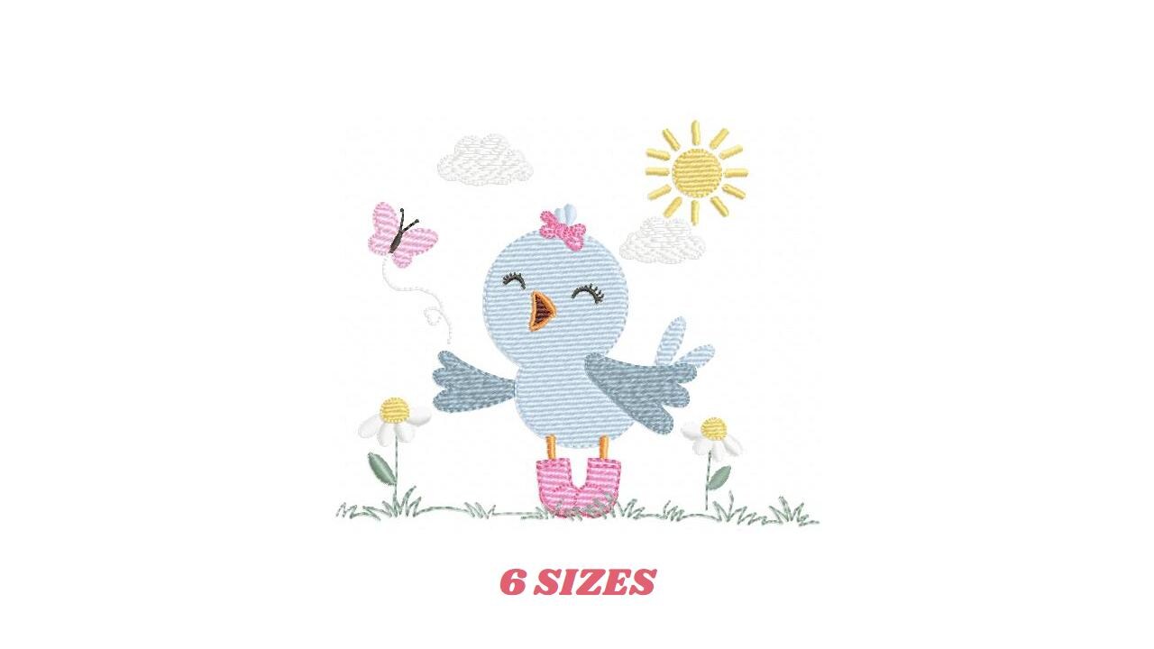 Singing Bird embroidery designs - Baby Girl Animal with sun and boots machine embroidery pattern - Instant digital download pes jef dst hus