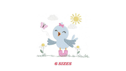 Singing Bird embroidery designs - Baby Girl Animal with sun and boots machine embroidery pattern - Instant digital download pes jef dst hus