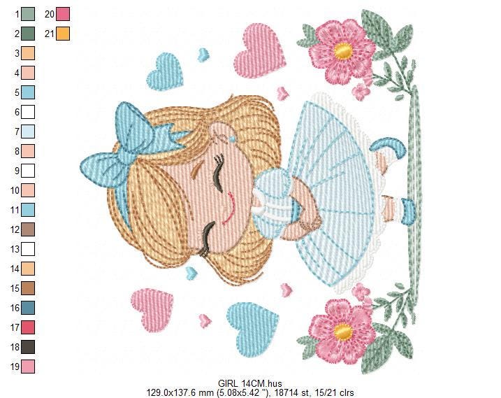 Baby girl with flowers embroidery designs - Princess with long hair and lace machine embroidery pattern - Instant digital download pes jef