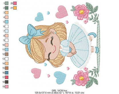 Baby girl with flowers embroidery designs - Princess with long hair and lace machine embroidery pattern - Instant digital download pes jef