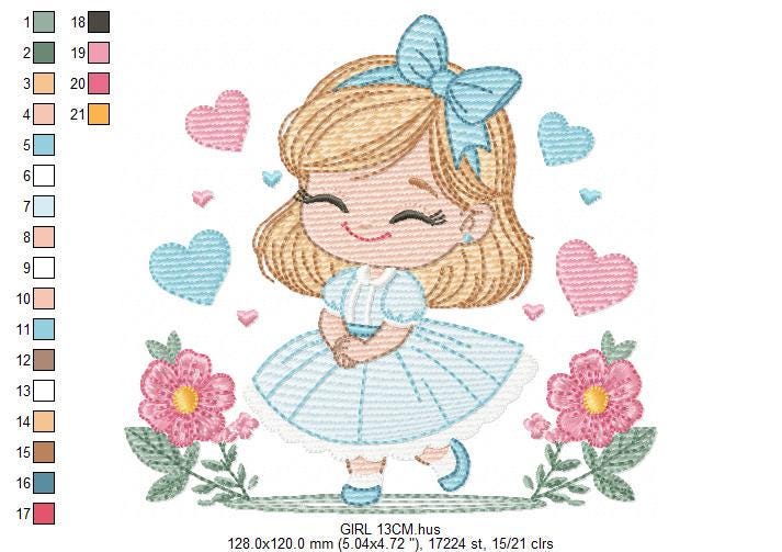 Baby girl with flowers embroidery designs - Princess with long hair and lace machine embroidery pattern - Instant digital download pes jef