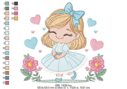 Baby girl with flowers embroidery designs - Princess with long hair and lace machine embroidery pattern - Instant digital download pes jef