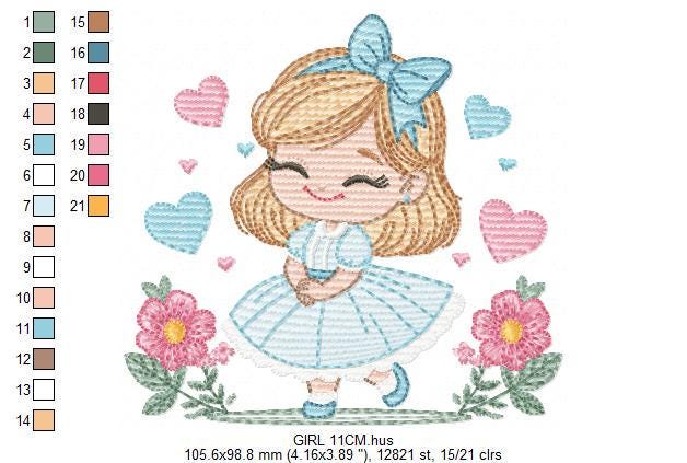 Baby girl with flowers embroidery designs - Princess with long hair and lace machine embroidery pattern - Instant digital download pes jef
