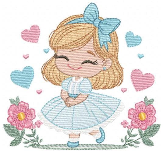 Baby girl with flowers embroidery designs - Princess with long hair and lace machine embroidery pattern - Instant digital download pes jef
