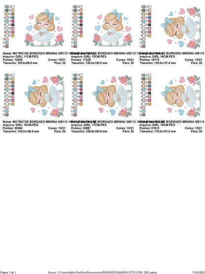 Baby girl with flowers embroidery designs - Princess with long hair and lace machine embroidery pattern - Instant digital download pes jef