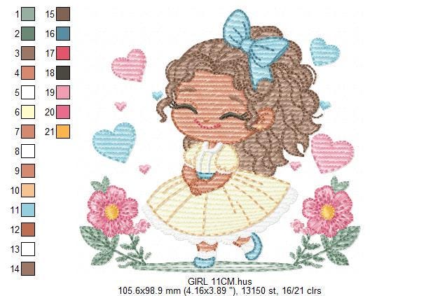 Baby Girl with Black Curly Long Hair embroidery designs - Girl with lace and flowers machine embroidery pattern - Instant download pes jef