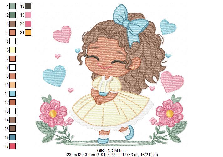 Baby Girl with Black Curly Long Hair embroidery designs - Girl with lace and flowers machine embroidery pattern - Instant download pes jef