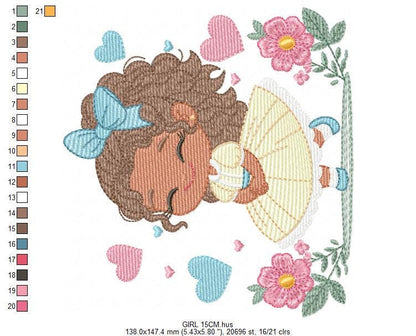 Baby Girl with Black Curly Long Hair embroidery designs - Girl with lace and flowers machine embroidery pattern - Instant download pes jef