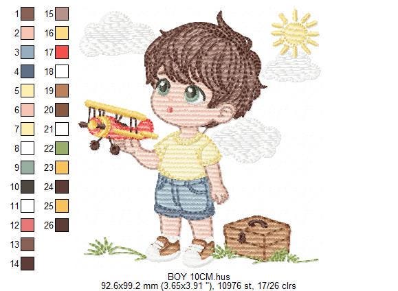 Baby Boy with toy car embroidery designs - Toddler playing machine embroidery pattern - Boy with airplane toy - Instant digital download pes