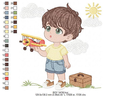 Baby Boy with toy car embroidery designs - Toddler playing machine embroidery pattern - Boy with airplane toy - Instant digital download pes