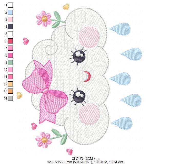 Raining Cloud embroidery design - Cloud with flowers and lace machine embroidery pattern - Cloud with happy face - Instant download pes jef