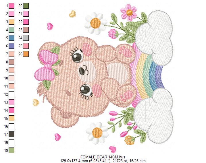 Female Bear embroidery designs - Baby girl Teddy with rainbow and flowers machine embroidery pattern - Instant digital download pes jef dst
