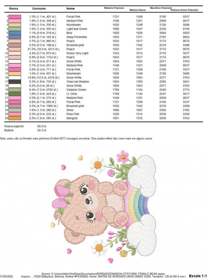 Female Bear embroidery designs - Baby girl Teddy with rainbow and flowers machine embroidery pattern - Instant digital download pes jef dst
