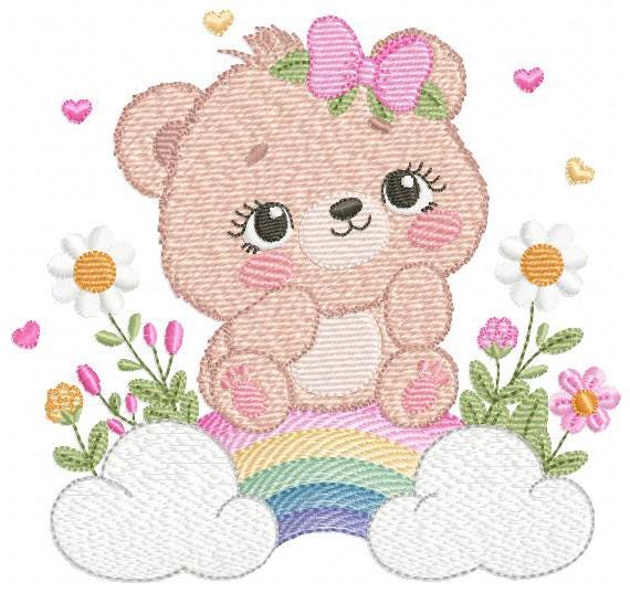 Female Bear embroidery designs - Baby girl Teddy with rainbow and flowers machine embroidery pattern - Instant digital download pes jef dst