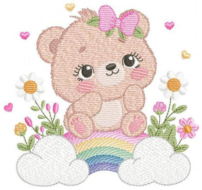 Female Bear embroidery designs - Baby girl Teddy with rainbow and flowers machine embroidery pattern - Instant digital download pes jef dst