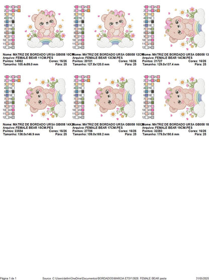 Female Bear embroidery designs - Baby girl Teddy with rainbow and flowers machine embroidery pattern - Instant digital download pes jef dst