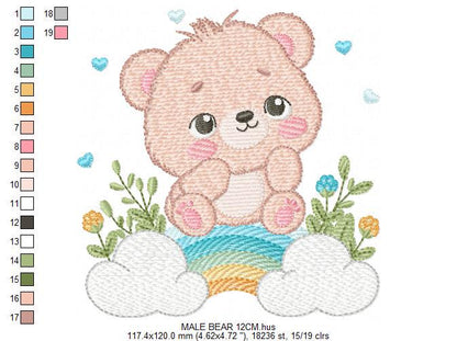 Teddy Bear embroidery designs - Male bear with rainbow and flowers machine embroidery pattern - Baby boy file - Instant digital download pes