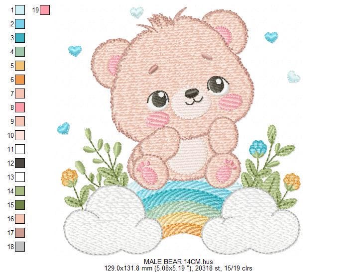 Teddy Bear embroidery designs - Male bear with rainbow and flowers machine embroidery pattern - Baby boy file - Instant digital download pes
