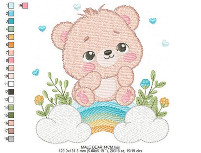 Teddy Bear embroidery designs - Male bear with rainbow and flowers machine embroidery pattern - Baby boy file - Instant digital download pes