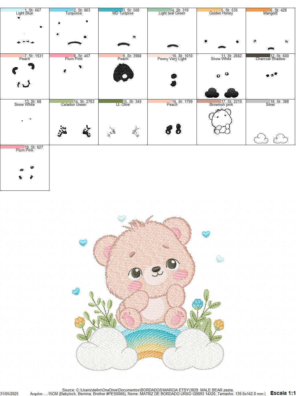 Teddy Bear embroidery designs - Male bear with rainbow and flowers machine embroidery pattern - Baby boy file - Instant digital download pes