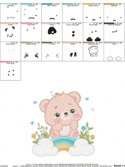 Teddy Bear embroidery designs - Male bear with rainbow and flowers machine embroidery pattern - Baby boy file - Instant digital download pes