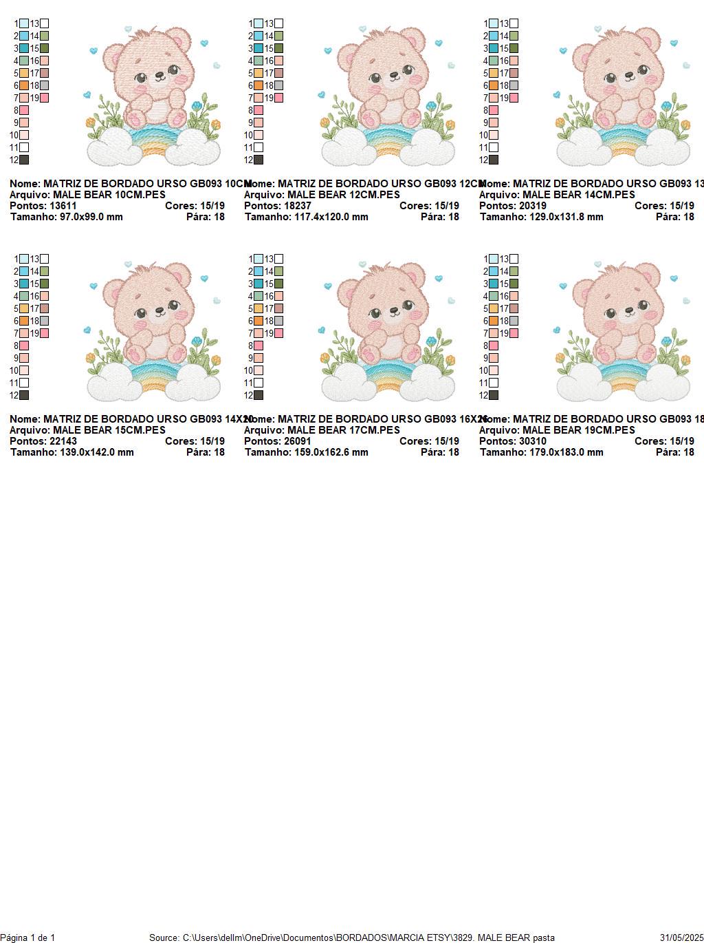 Teddy Bear embroidery designs - Male bear with rainbow and flowers machine embroidery pattern - Baby boy file - Instant digital download pes