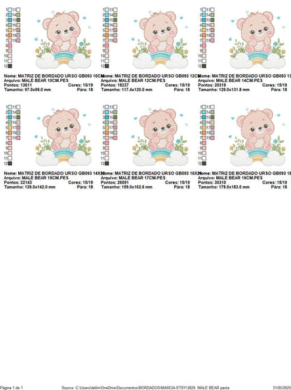 Teddy Bear embroidery designs - Male bear with rainbow and flowers machine embroidery pattern - Baby boy file - Instant digital download pes