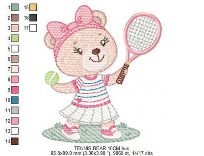 Female Bear embroidery designs - Baby girl machine embroidery pattern - Bear playing tennis - Tennis racket and ball - Instant download pes
