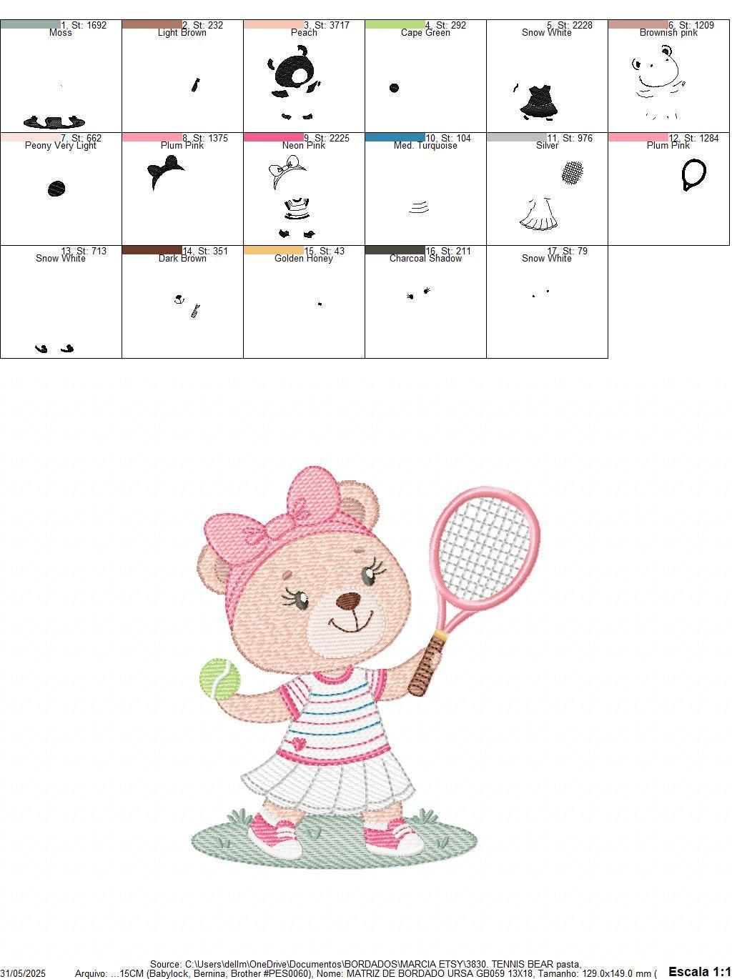 Female Bear embroidery designs - Baby girl machine embroidery pattern - Bear playing tennis - Tennis racket and ball - Instant download pes