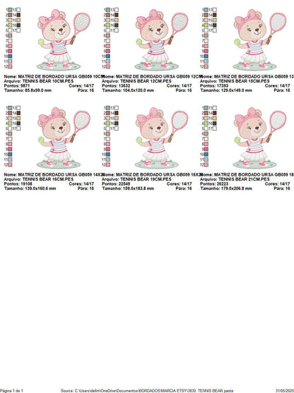 Female Bear embroidery designs - Baby girl machine embroidery pattern - Bear playing tennis - Tennis racket and ball - Instant download pes
