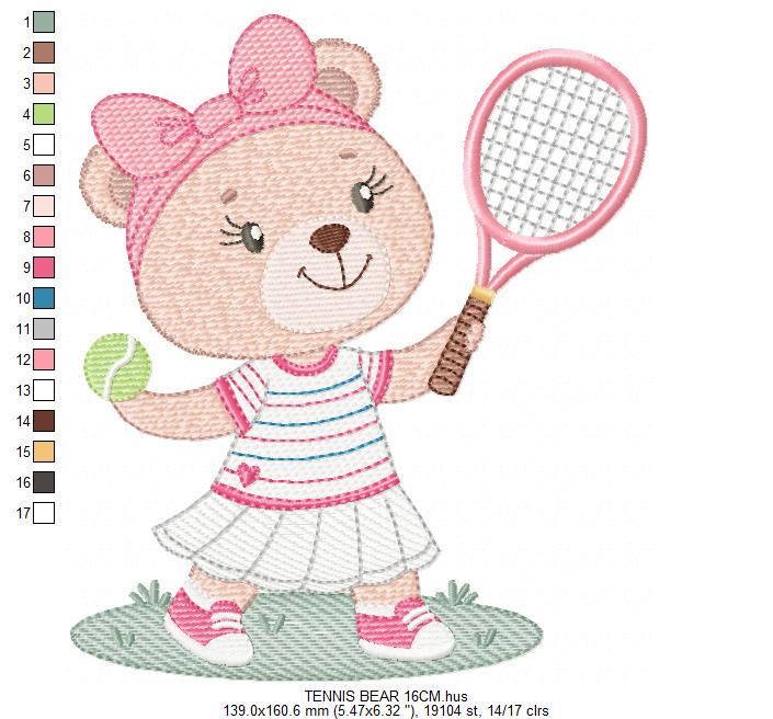 Female Bear embroidery designs - Baby girl machine embroidery pattern - Bear playing tennis - Tennis racket and ball - Instant download pes