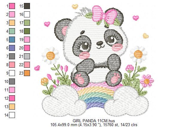 Panda embroidery design - Animal with rainbow and flowers machine embroidery pattern - Baby Girl file - Instant digital download pes jef dst